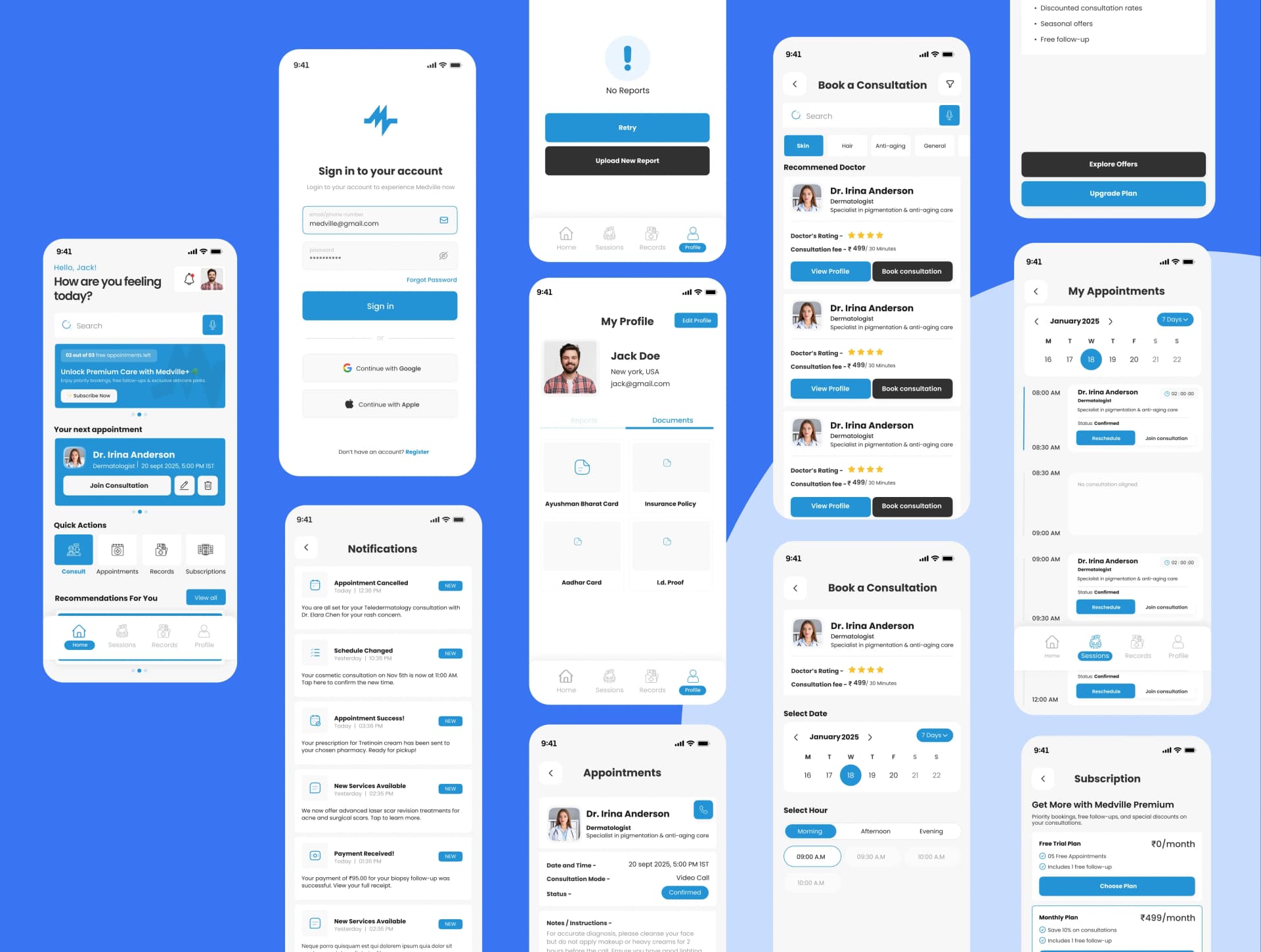 Medville patient mobile app screens