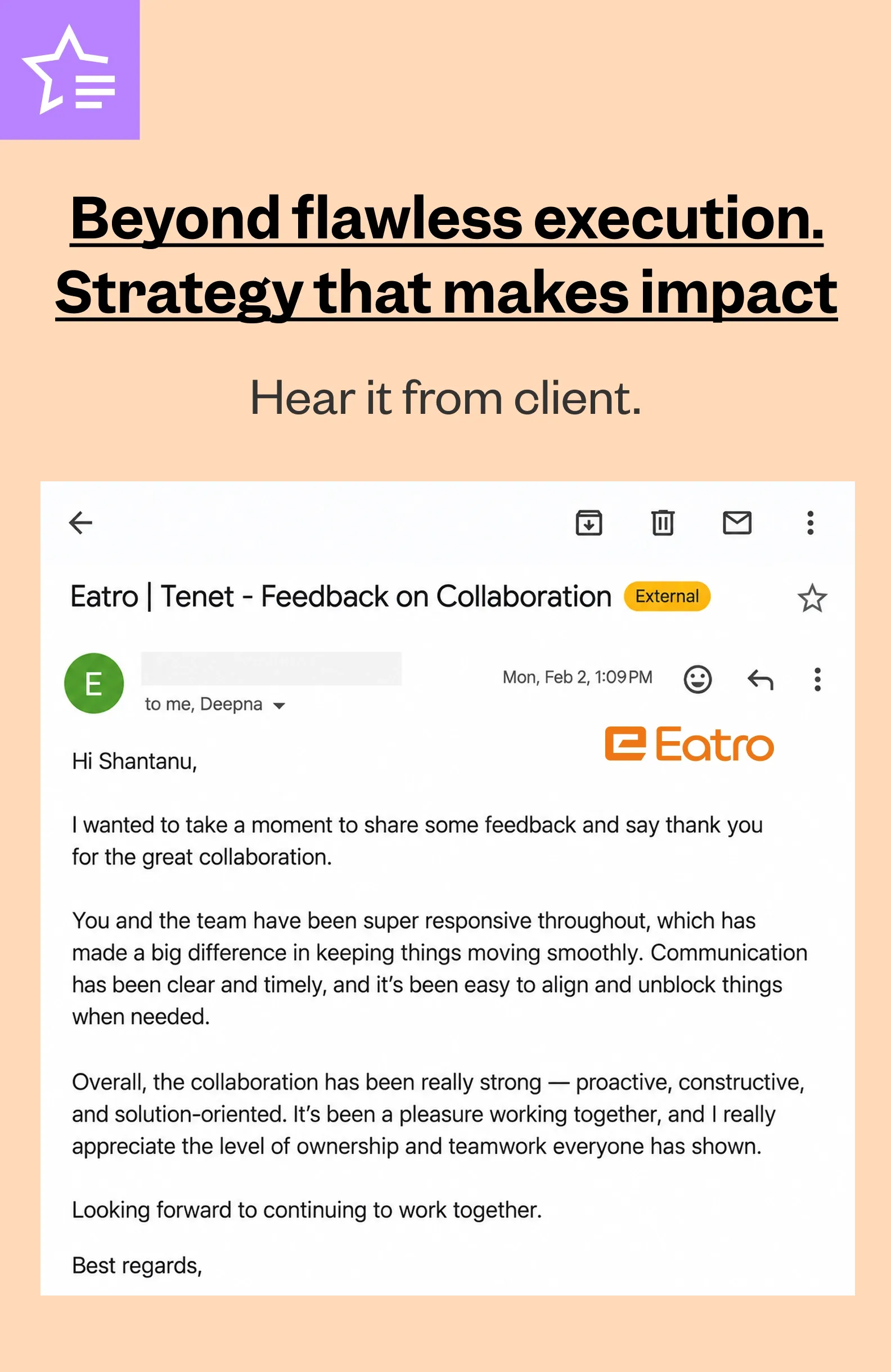 Beyond flawless execution — client email feedback for Eatro platform