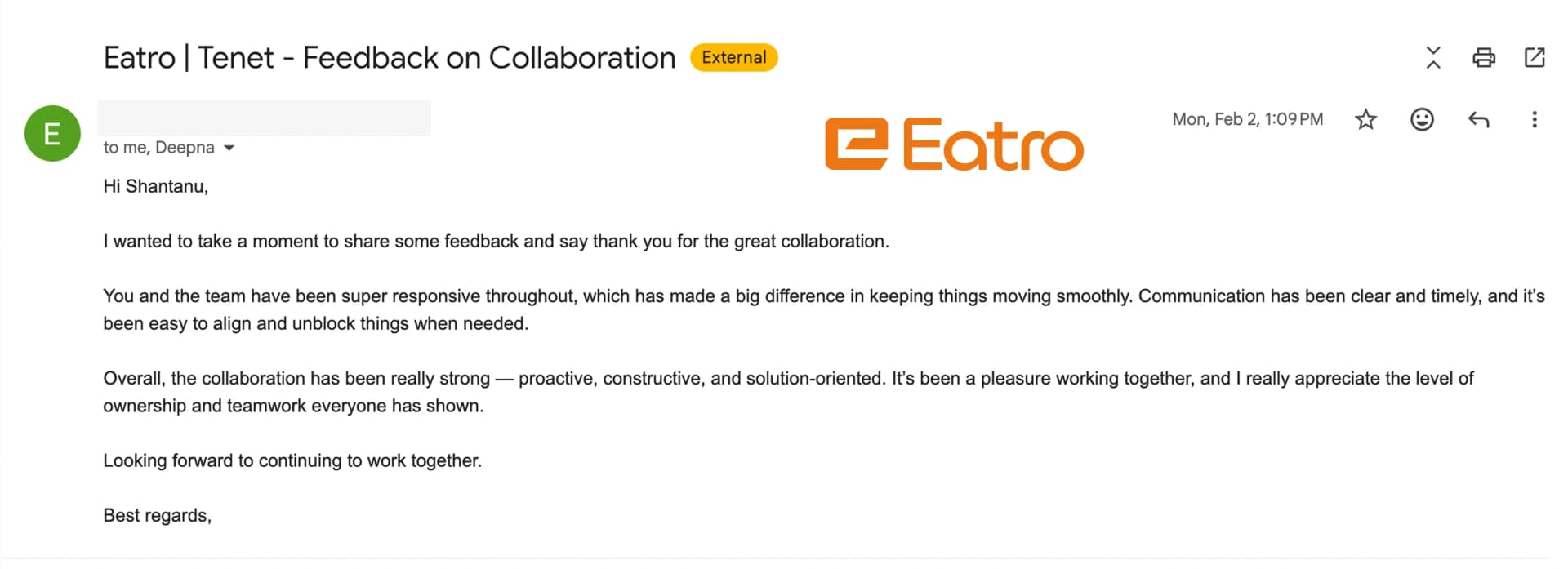 Eatro client email feedback