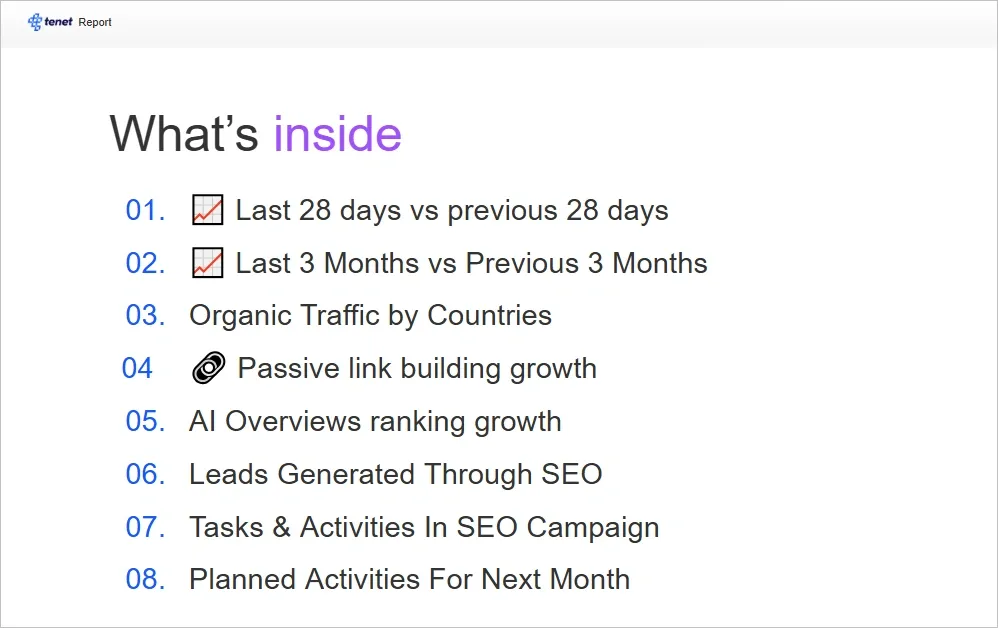 What should an SEO client report include