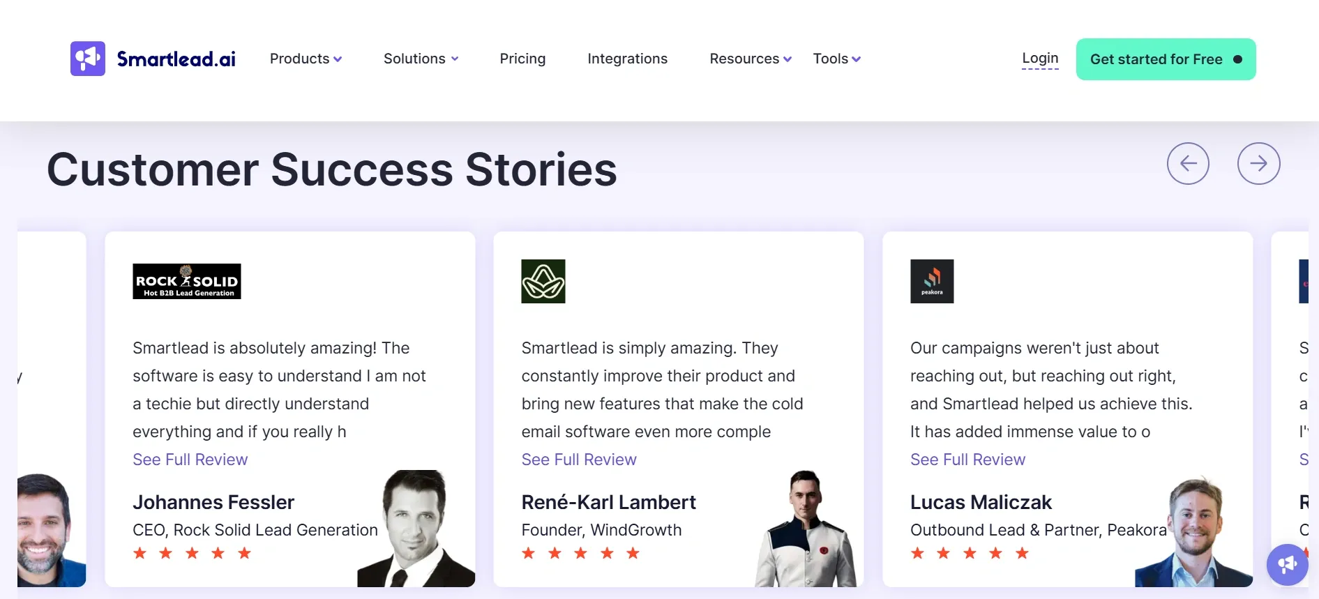 example from Smartlead.ai of using customer testimonials
